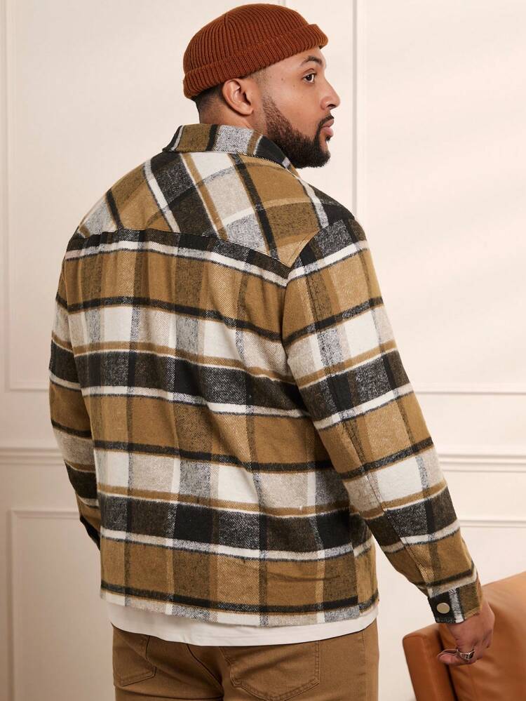 Men's Plus Size Woven Plaid Casual Woolen Jacket, For Fall Winter