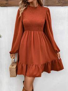 SHEIN VCAY Vestido De Manga De Linterna Sólido Con Línea De Dobladillo Con Volantes Para Mujer - Naranja Quemada - Ver 3