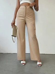 SHEIN Unity Women's Drawstring Waist & Patch Pocket Straight Pants, Long - Apricot - View 3