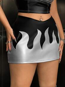 SHEIN ICON Kích thước lớn Ngọn lửa Mô hình Da giả Eo cao Váy bodycon Với V-cut - Nhiều màu - Xem 6