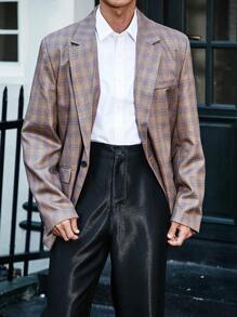 Manfinity Mode Nam Kích thước lớn Họa tiết Lưới Nút đơn Áo vest Áo khoác - Màu Khaki - Xem 6