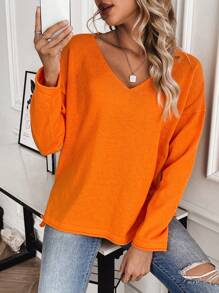 女士纯色V领落肩长袖休闲宽松毛衣 - 橘色 - 查看 1