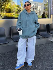 DAZY Của phụ nữ Màu thuần Thư thêu Dây rút Hoodie - Màu xanh lam - Xem 5