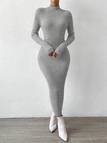 SHEIN Privé Solid Color Stand Collar Slim Fit Sweater Dress - Light Grey - View 1