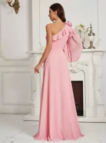 SHEIN Belle Adults' Ruched, Ruffled, Floral One Shoulder Bridesmaid Dress With Flounce Detail - Pink - View 1