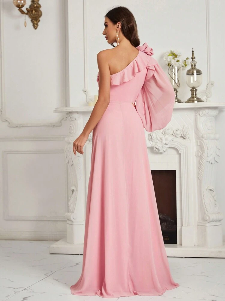 Adults' Ruched, Ruffled, Floral One Shoulder Bridesmaid Dress With Flounce Detail