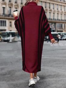 SHEIN LUNE Turtleneck Striped Batwing Sleeve Sweater Dress Fall Cloth For Women - Burgundy - View 2