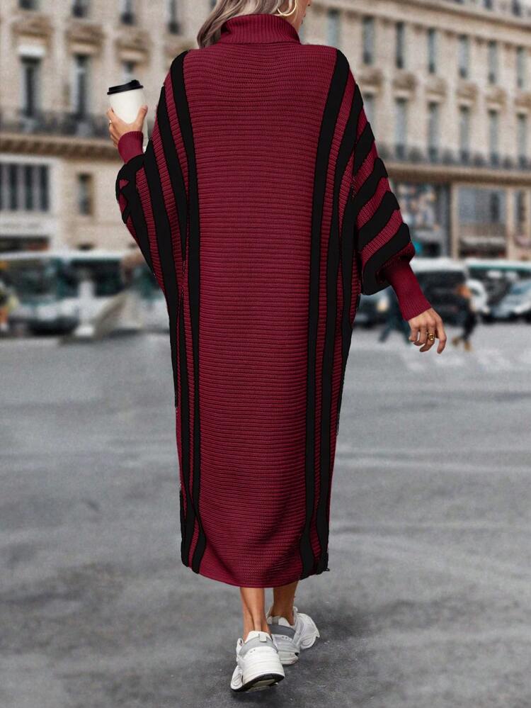 Turtleneck Striped Batwing Sleeve Sweater Dress Fall Cloth For Women