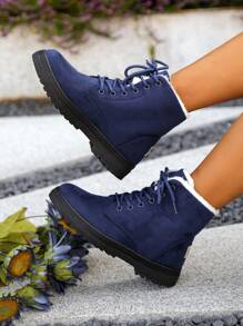 Bốt cổ ngắn màu đen chống trượt ấm áp mùa đông cho nữ cỡ lớn mùa thu/đông - Màu xanh lam - Xem 4