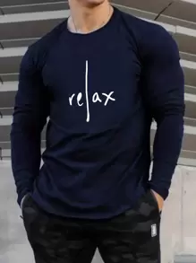 Men's Casual Simple Letter Print T-Shirt, Spring & Autumn, Long Sleeve Top - Navy Blue - View 1