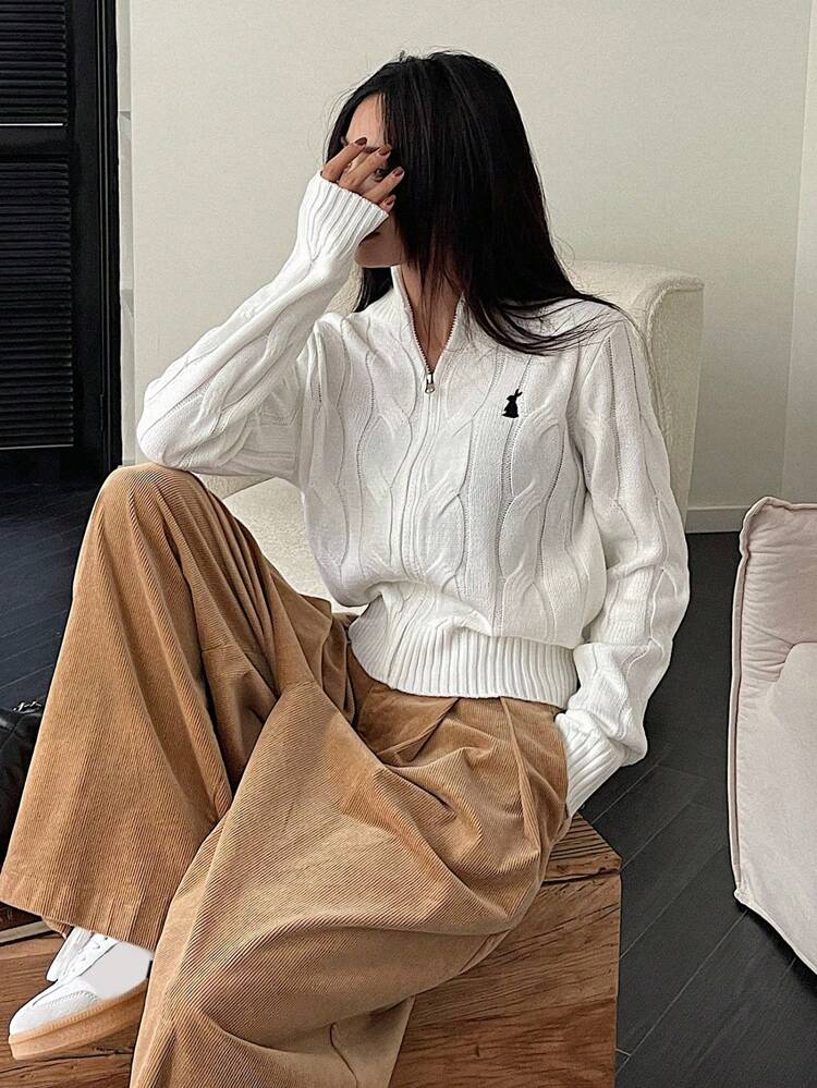 Women's Rabbit Embroidery Zipper Front Cardigan,Long Sleeve Tops Jacket