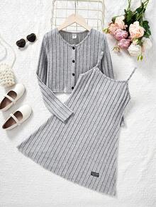 Cô gái Ấm áp Mùa Đông Giải trí Đơn sắc Dệt kim Áo len Mở Với Dây đeo Đầm - Xám - Xem 4