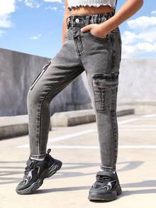 Young Girl Street Style Stretchy Jeans With Flap Pocket - Black - View 5