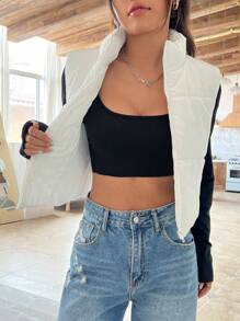 SHEIN EZwear Dây kéo Áo gi lê Lông vũ - trắng - Xem 6