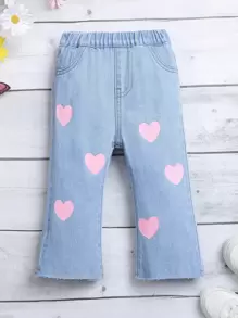 Baby Girls' Heart Printed Flared Jeans - Light Wash - View 1