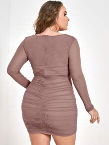 SHEIN Privé 大碼素色百褶洋裝 - 乾枯玫瑰色 - 查看 2