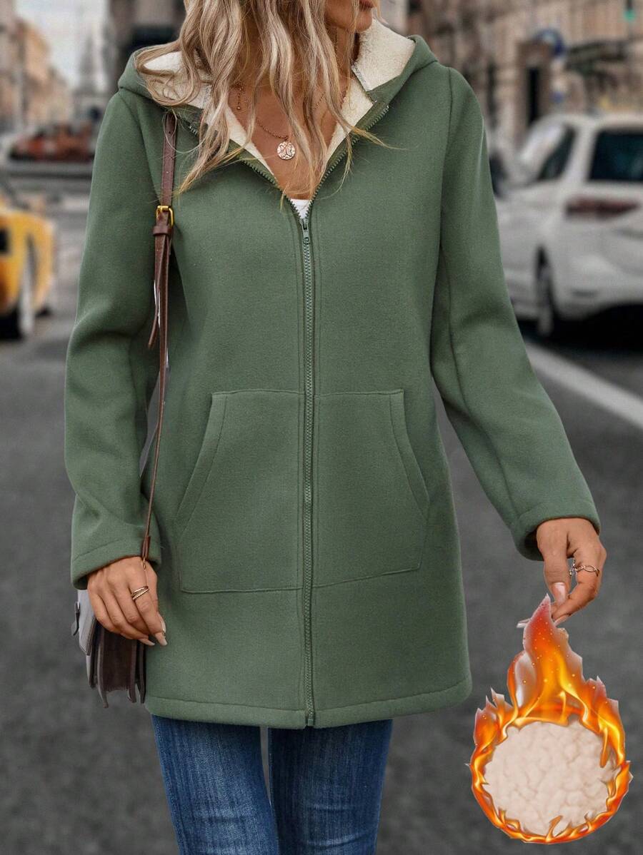 EMERY ROSE 拉链保暖内衬连帽大衣 - 軍綠色 - 查看 1