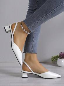 Women's Minimalist Elegant Chunky Heel Pumps With Fashionable Ankle Strap High Heels, White