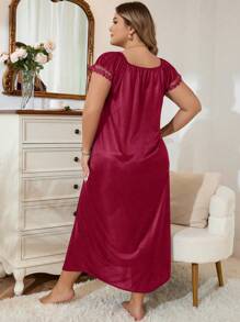 LuxeNights Plus Contrast Lace Tie Front Sleep Nightdress, Long Dress, Moo Moo - Red - View 2