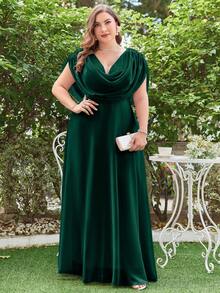 大码优雅纯色荷叶边领雪纺伴娘礼服 - 墨綠色 - 查看 5