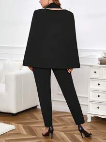 SHEIN Privé Women's Plus Size Solid Color Cape Style Jumpsuit - Black - View 2