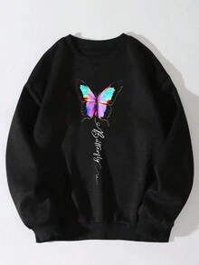 SHEIN Slayr Butterfly Printed Drop Shoulder Fleece Long Sleeve Sweatshirt - Black - View 3