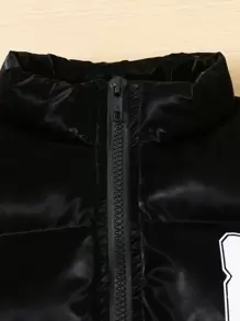 SHEIN Boys' Casual Stand Collar Sleeveless Jacket With Padding, Letter Print