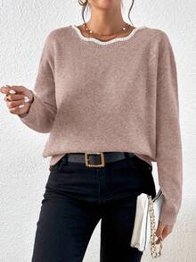 SHEIN Frenchy Viền tương phản Bowknot Trang trí Áo len - Hồng - Xem 6