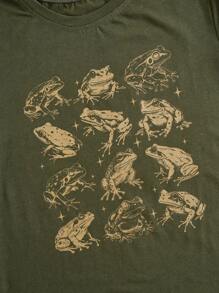 ROMWE Fairycore Frog Print Short Sleeve T-shirt - Army Green - View 2