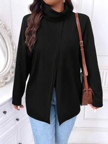 SHEIN LUNE 大碼女性高領下擺開叉外套 - 黑色 - 查看 3