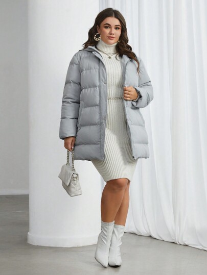 SHEIN Essnce Women's Plus Size Solid Color Hooded Padded Coat