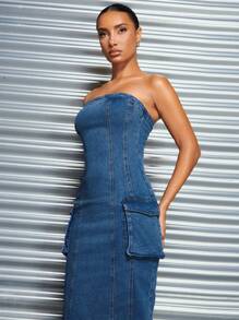 SHEIN BAE Work Denim Midi Dress - Blue&Denim Dress - Blue - View 5