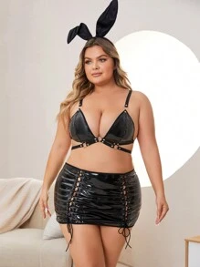 Traje De Conejito De Talla Grande De 3 Piezas Para Mujeres Para El Juego De Roles Eróticos - Negro - Ver 6