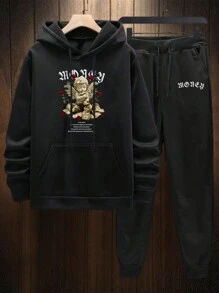 Manfinity Homme Men's Plus Size Angel Pattern Hooded Sweatshirt And Sweatpants Set With Drawstring - Black - View 4