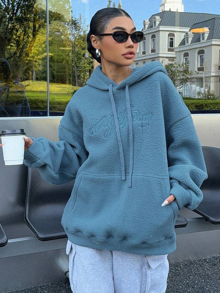 DAZY Của phụ nữ Màu thuần Thư thêu Dây rút Hoodie - Màu xanh lam - Xem 1