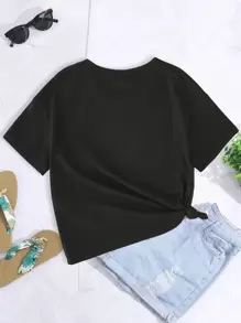 SHEIN Young Girl 1pc Cute Slogan Printed Short Sleeve T-Shirt - Black - View 2