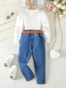 SHEIN Nhỏ bé Cô gái Mùa Thu Mùa Đông Ren Vòng cổ Tay áo dài Áo chui đầu Với thắt lưng & Hư hỏng Quần jean Bộ - trắng - Xem 2