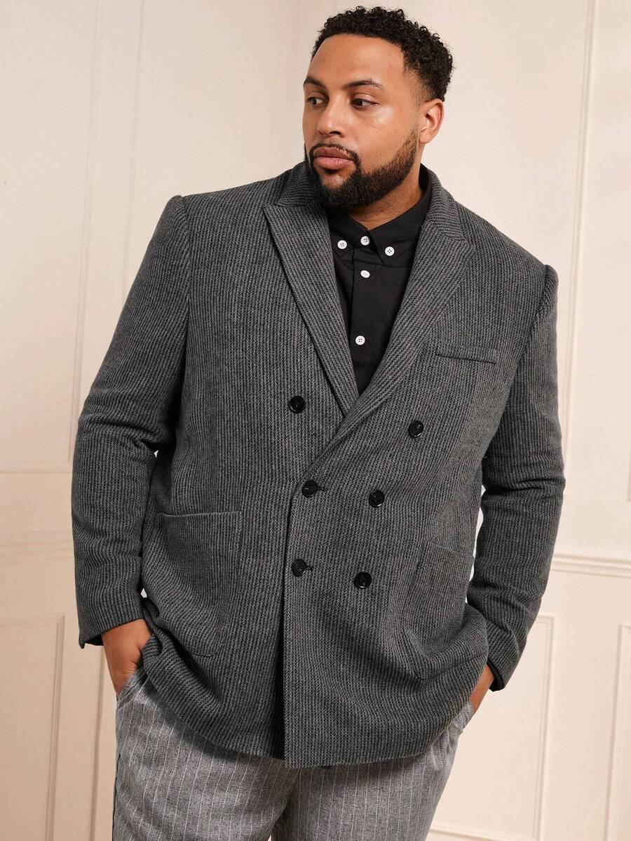 Manfinity VCAY Plus Size Men's Loose Dual-Breasted Woven Casual Blazer, For Fall Winter - Dark Grey - View 1