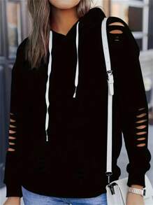 SHEIN EZwear 女士連帽運動衫,帶束帶和磨損設計 - 黑色 - 查看 5