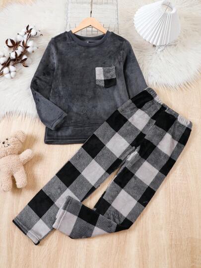 Tween Boy Color Block Checked Plush Long Sleeve Top And Pants Pajama Set With Pockets For Autumn And Winter
