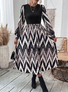 SHEIN Clasi Ladies' Long Sleeve Zigzag Pattern Dress - Multicolor - View 1