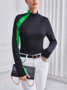 SHEIN Privé Women's Stand Collar Contrast Color T-shirt - Multicolor - View 2