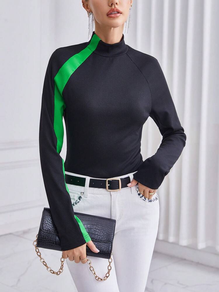 Women's Stand Collar Contrast Color T-shirt