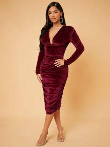 SHEIN SXY Màu thuần Thon gọn Dệt kim Đầm - Màu Đỏ Sâu - Xem 3