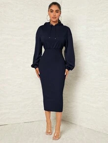 SHEIN SXY 女士實色束腰連帽緊身運動連衣裙 - 藏蓝色 - 查看 4