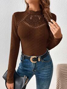 SHEIN Frenchy Áo thun dài tay cổ đứng thêu lưới ren tương phản - Rỉ Nâu - Xem 7