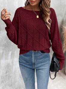 SHEIN LUNE Solid Color Jacquard Casual Sweater,Long Sleeve Tops Knit Pullover Fall Winter Sweater - Burgundy - View 3