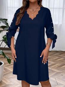 Plus Pearls Beaded Scallop Trim Knot Cuff Dress - Blue - View 4