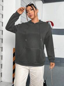 Flirla 加大码日月印花落肩抽绳卫衣 - 深灰色 - 查看 3