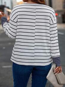 Calvaya 女士加大碼條紋半扣前短袖t恤 - 黑與白 - 查看 2